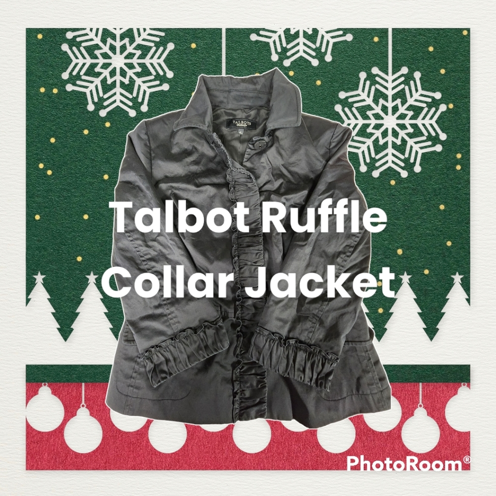 Talbots Blazer Jacket Womens 2 Black 3/4 Sleeve Button Up Collared Ruffle Trim